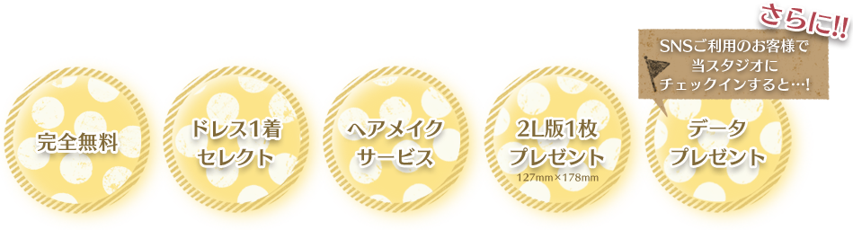 完全無料・ドレス1着セレクト・ヘアメイク・2L版1枚プレゼント・データプレゼント