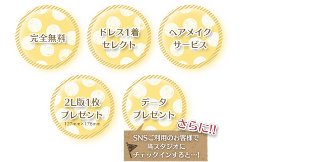 完全無料・ドレス1着セレクト・ヘアメイク・2L版1枚プレゼント・データプレゼント